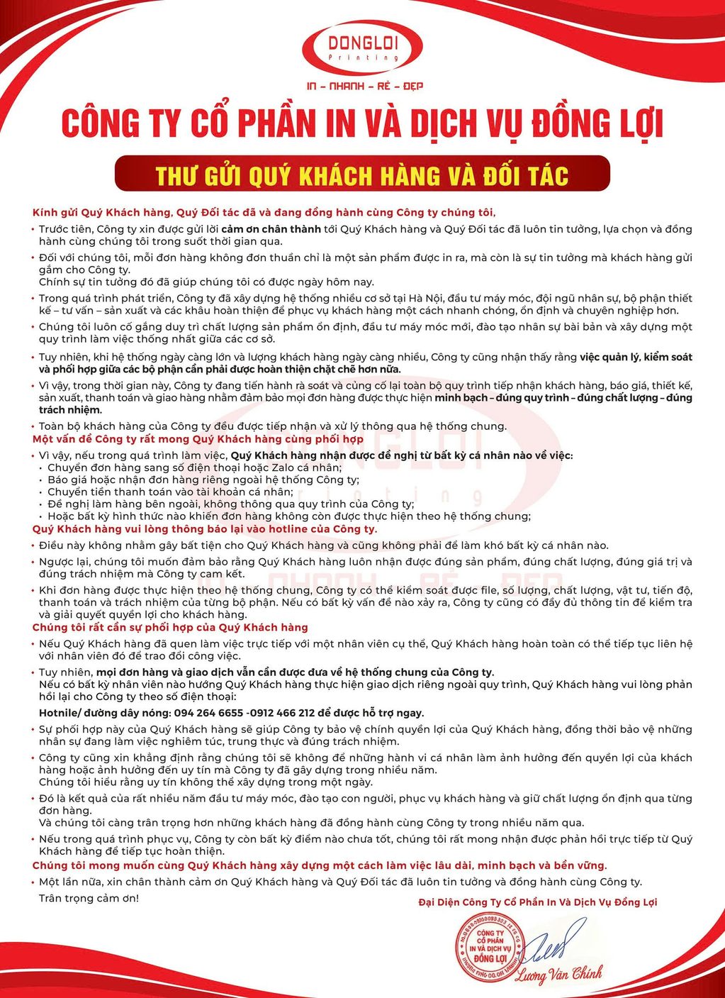Thư Gửi Khách Hàng | In Đồng Lợi | 1