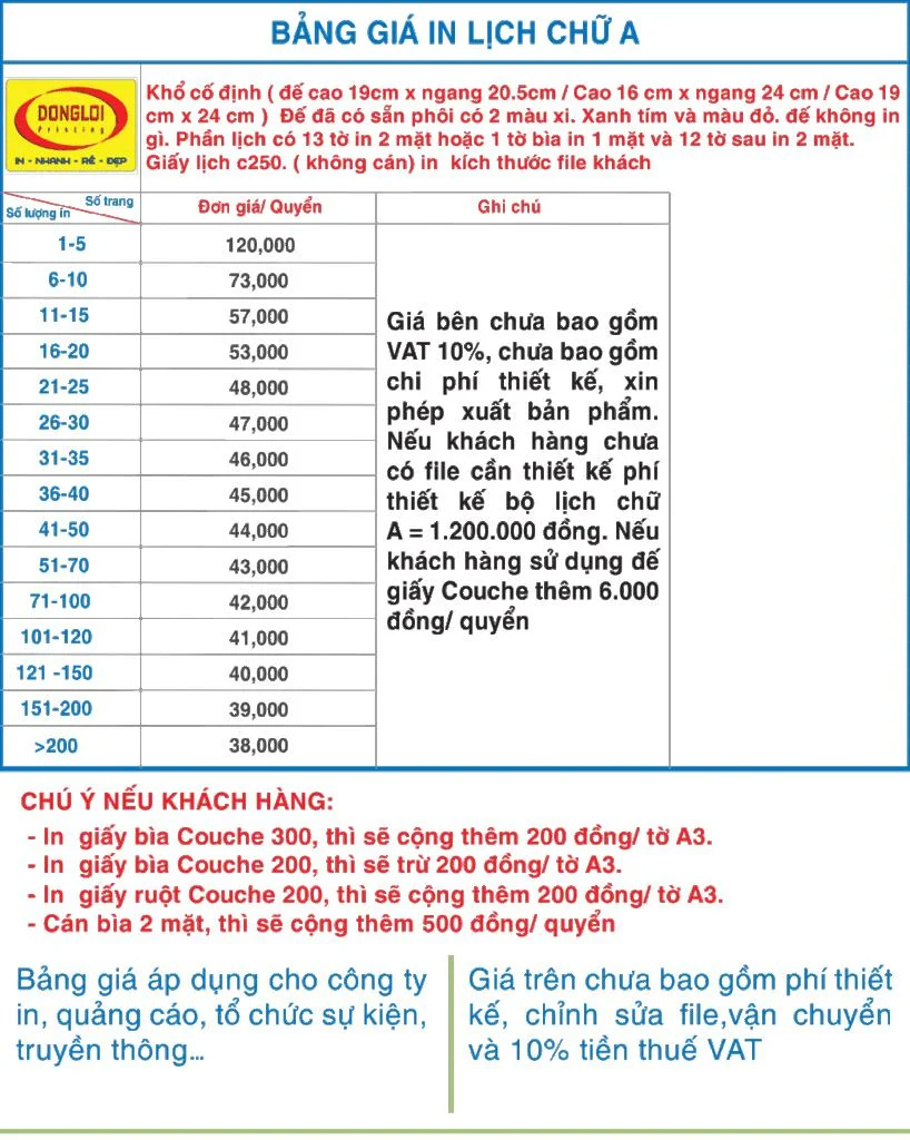 Bảng Báo Giá In Nhanh Lịch Chữ A